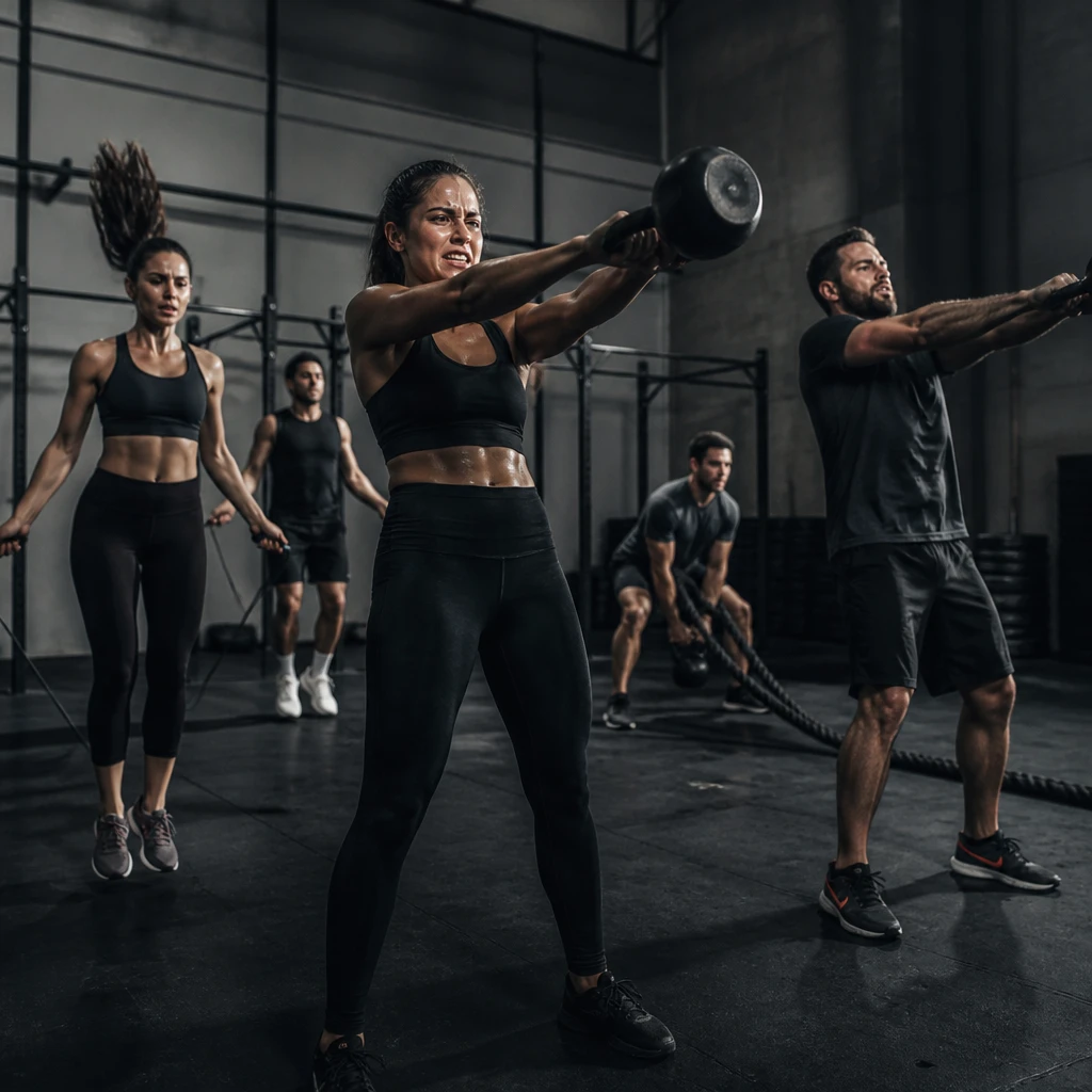 Grupo em treino funcional com kettlebells e cordas, suor e movimento, fotografia dessaturada fria