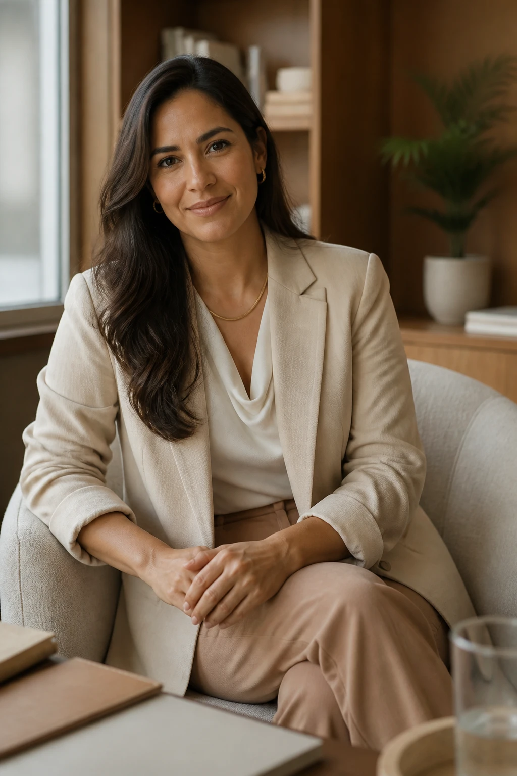 Retrato sereno de advogada adulta sentada em escritório com madeira e luz natural, postura de escuta, expressão acolhedora
