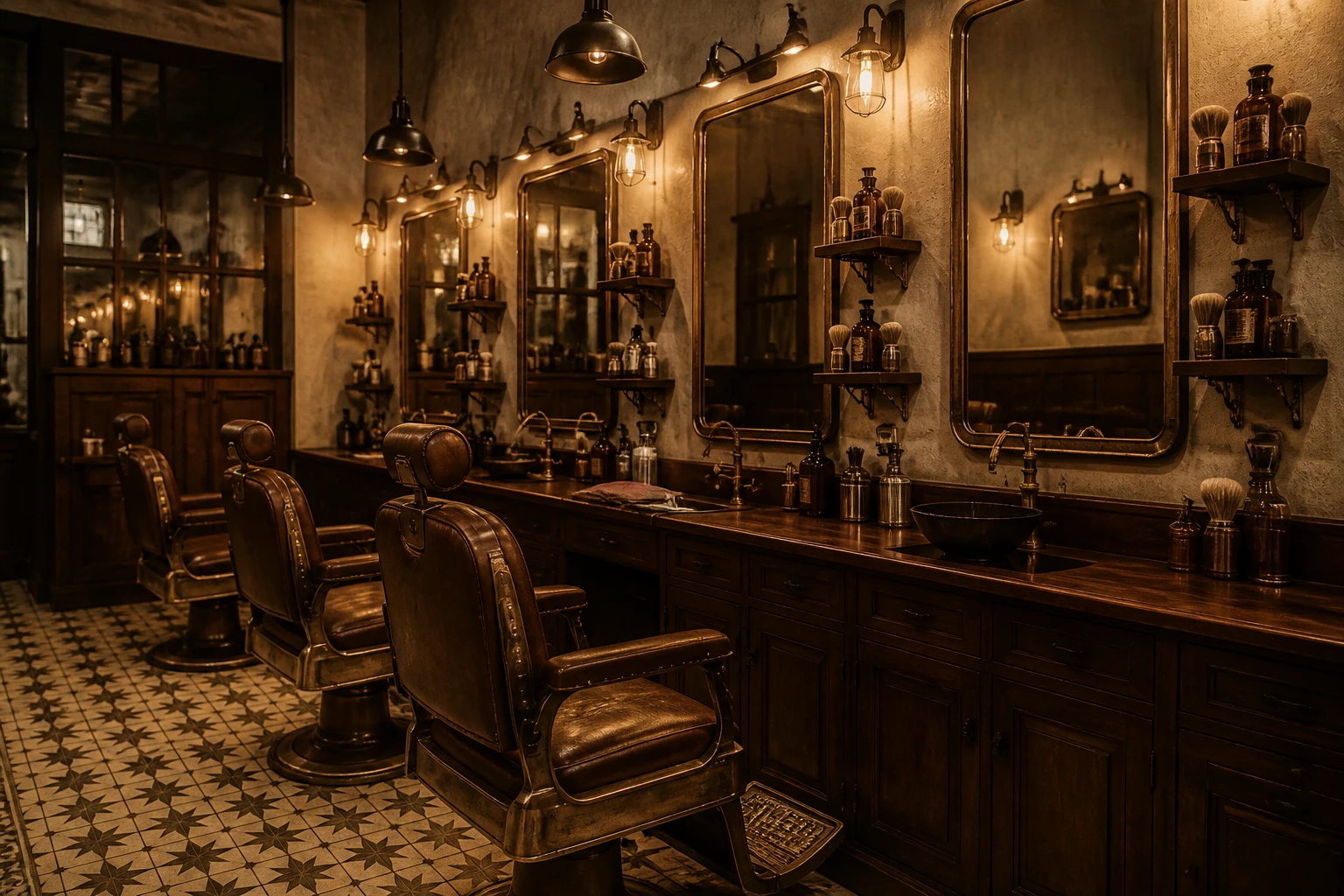 Salão de barbearia vintage com fileira de cadeiras de couro, espelhos de moldura de latão e prateleiras de madeira escura, tom sépia