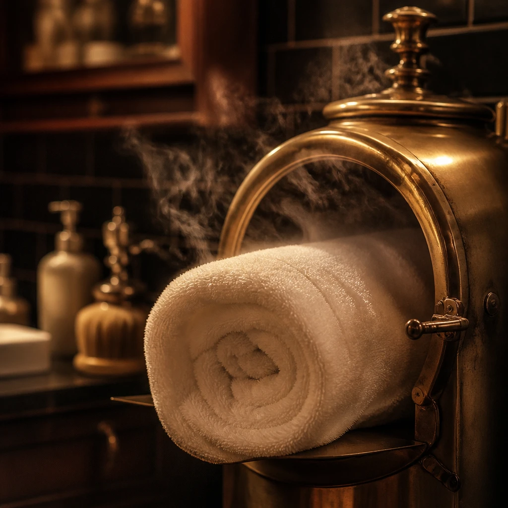 Toalha quente enrolada saindo de aquecedor de latão envelhecido, com vapor sutil, tom quente