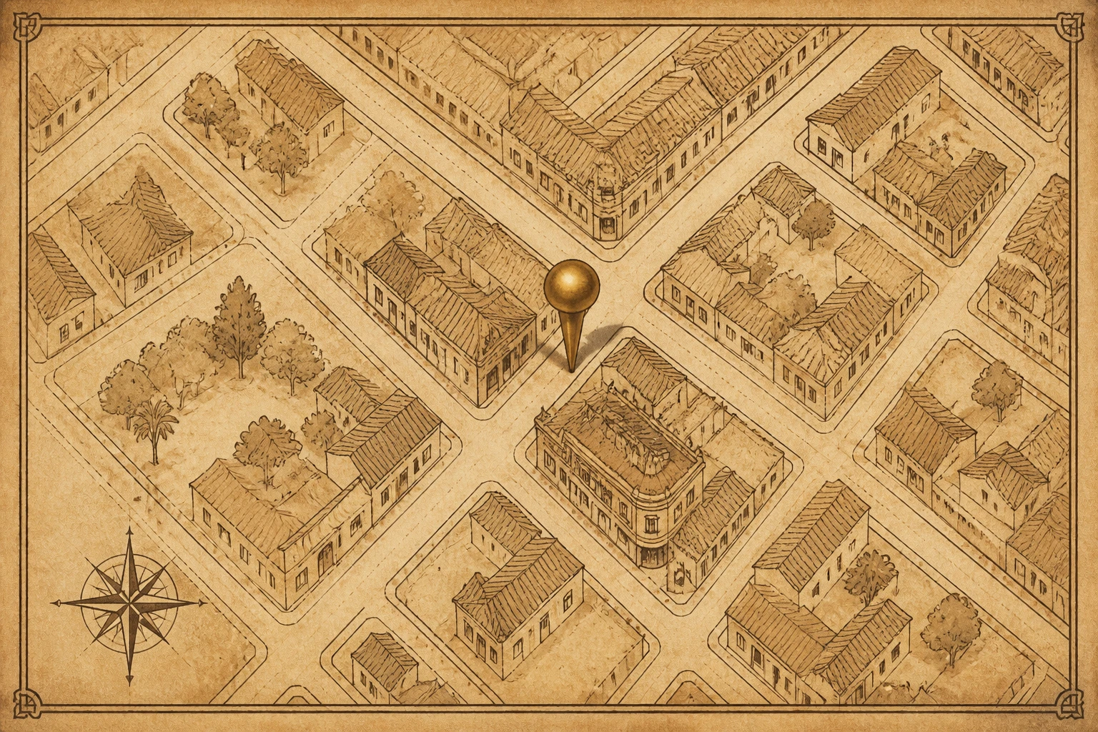 Mapa estilizado em tom sépia da esquina da Rua Major Sertório na Vila Buarque, com marcador de latão sobre a barbearia