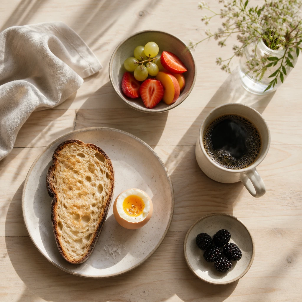 Mesa de brunch vista de cima com luz da manhã: pão tostado, ovo, frutas frescas e uma xícara de café fumegante sobre madeira clara