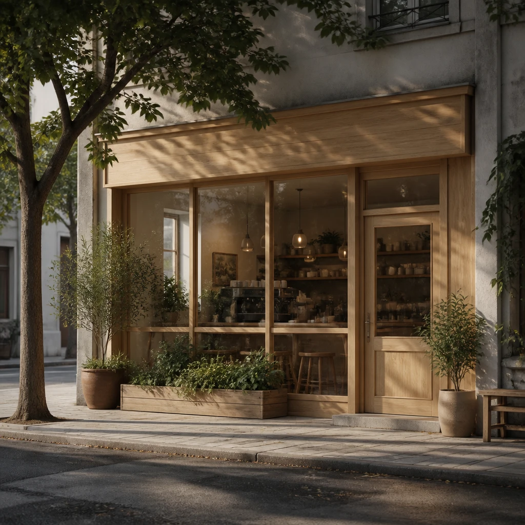 Fachada discreta da Cordilheira Café numa rua arborizada do Batel, vitrine de madeira clara e plantas, luz suave do início da manhã