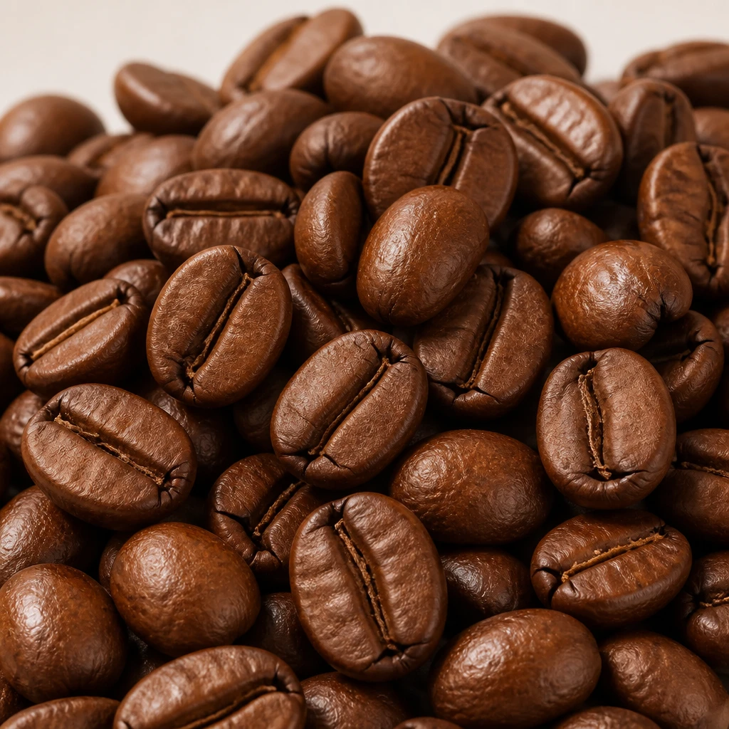 Grãos de café torrados, de tom marrom-âmbar brilhante, em close sobre fundo claro