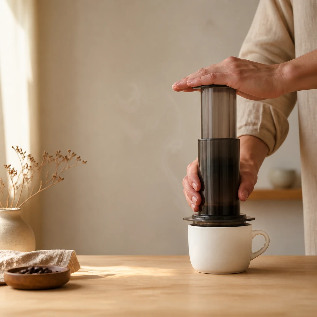 Aeropress sendo pressionada à mão sobre uma xícara branca, vapor subindo, em uma mesa com luz natural quente