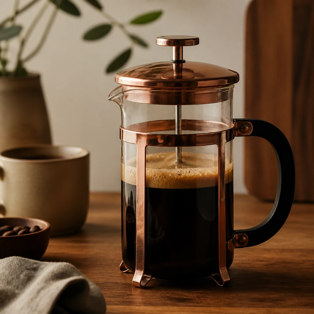 Prensa francesa de vidro e cobre sobre uma bancada de madeira, café escuro em infusão com a espuma dourada formada na superfície