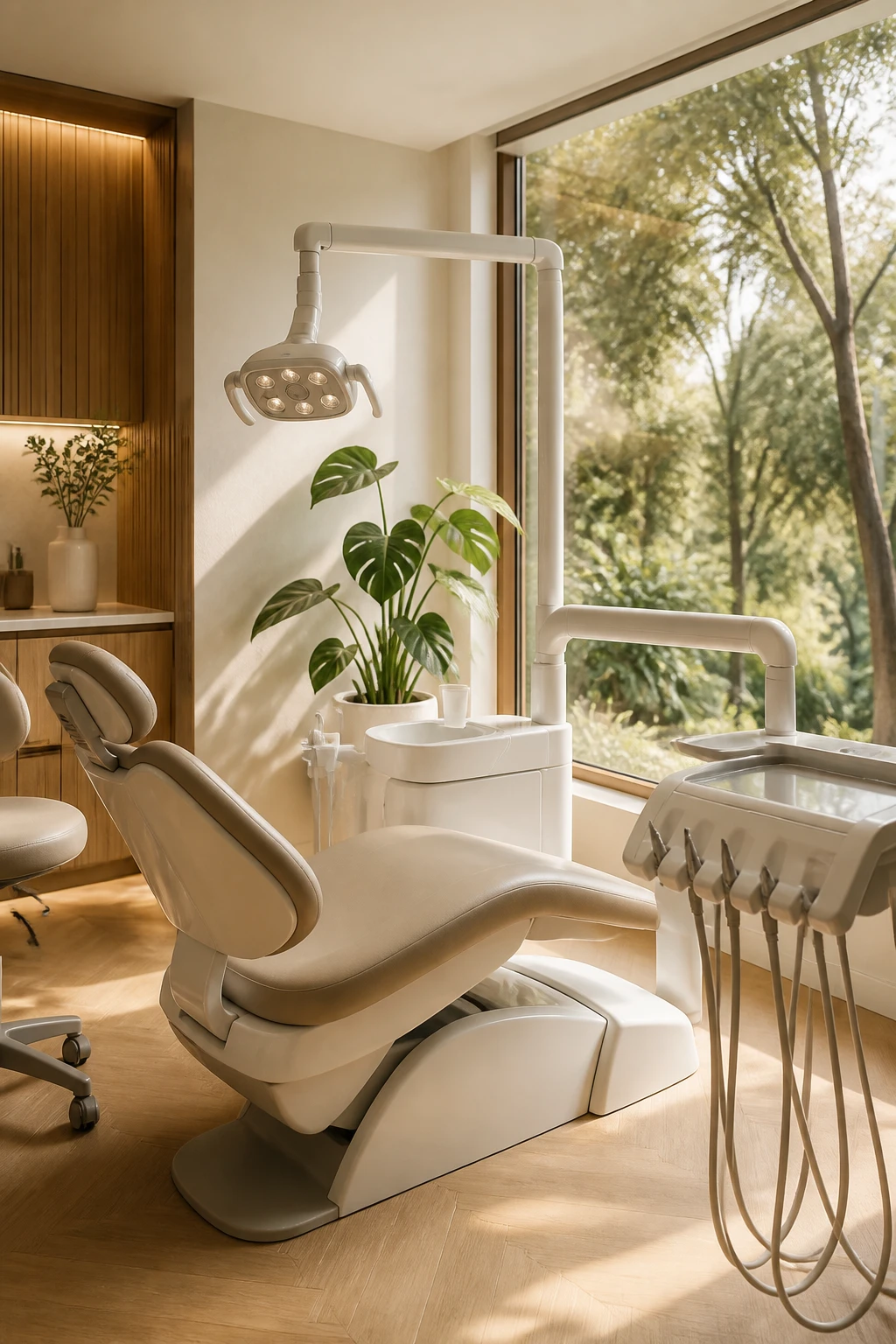 Sala de atendimento com poltrona elegante junto a uma grande janela, longe da estética de hospital