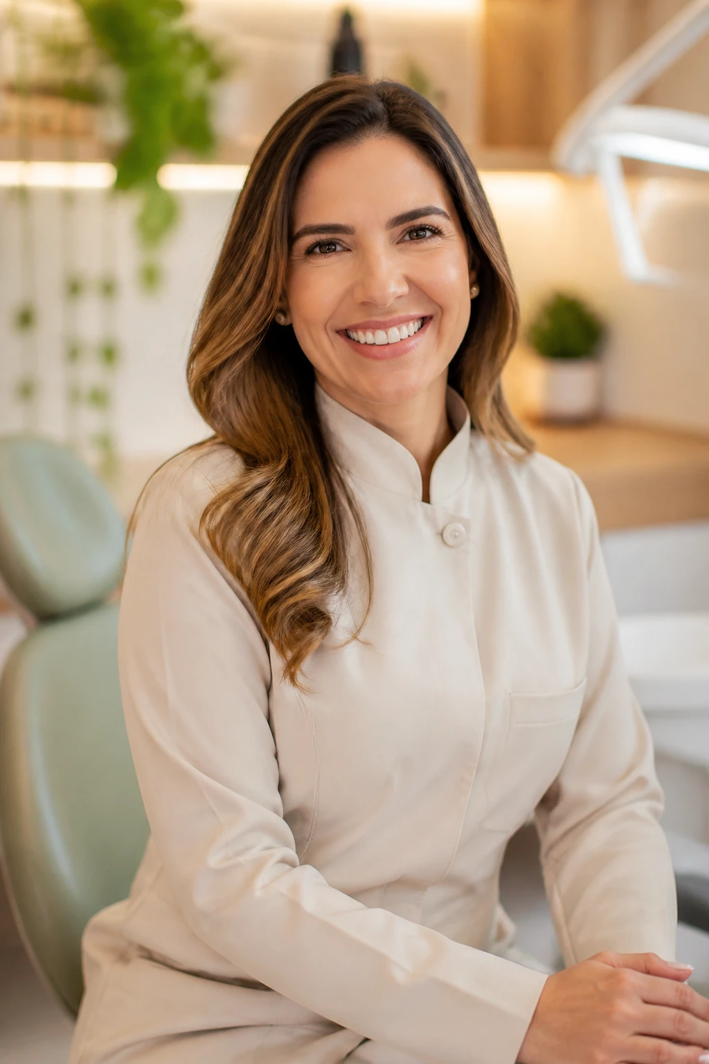 Dentista sorrindo de forma calorosa, jaleco claro, em ambiente luminoso e acolhedor, olhar tranquilo