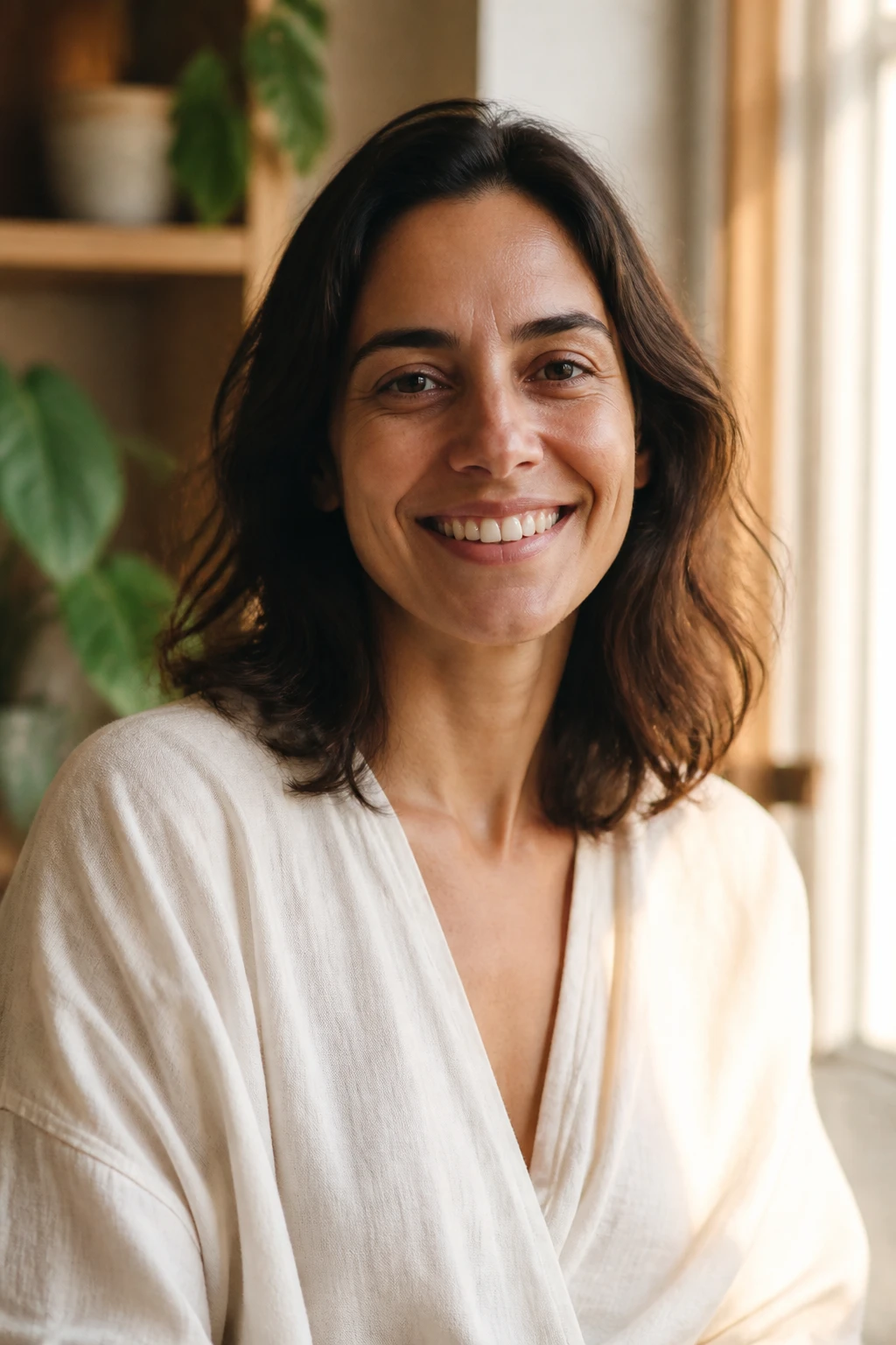 Mulher adulta sorrindo de verdade junto a uma janela com luz natural quente, expressão relaxada e acolhida