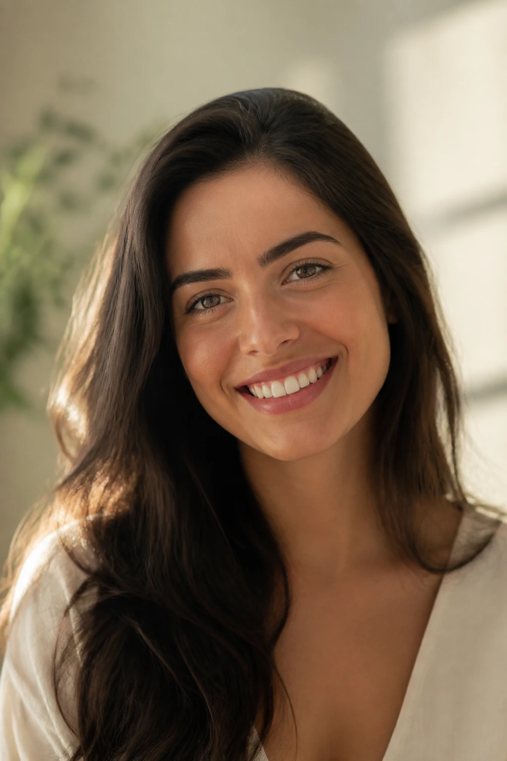 Retrato de Larissa, jovem adulta com sorriso alinhado e sereno, olhar leve, ambiente luminoso