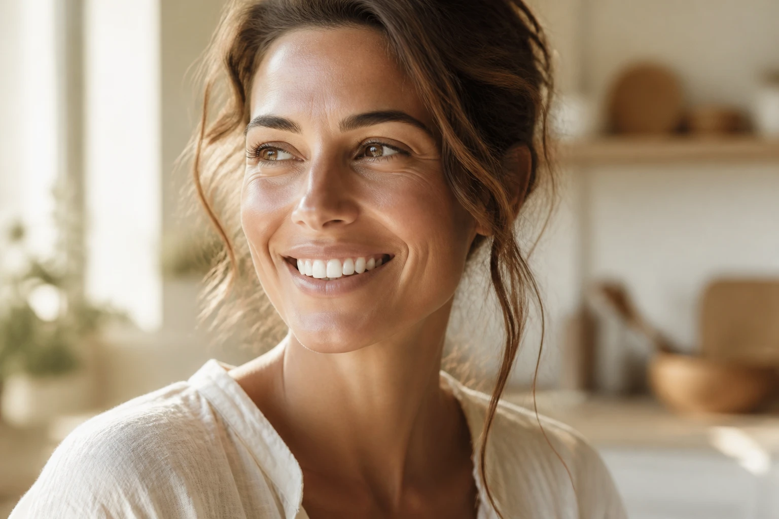 Detalhe sereno de pessoa sorrindo com dentes naturalmente claros, ambiente luminoso e quente