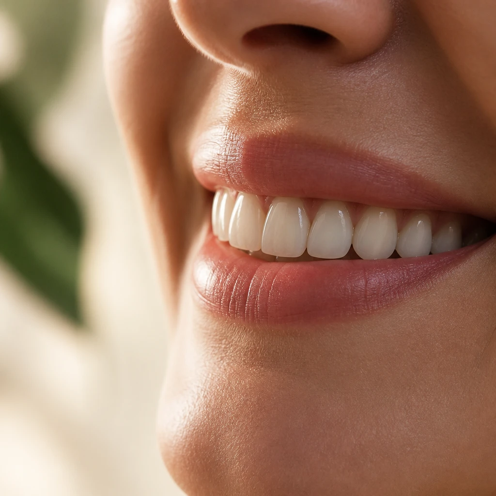 Close discreto e elegante de um sorriso natural após lentes de contato dental, luz suave