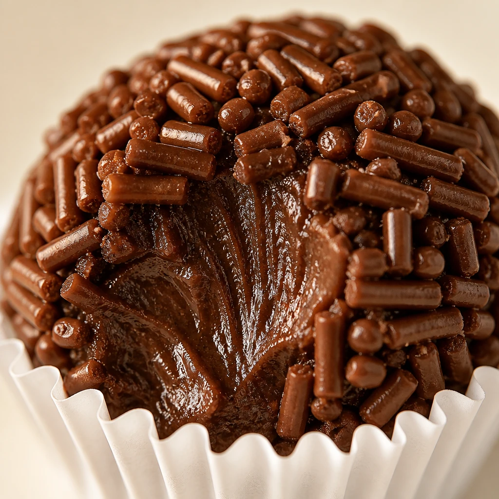 Macro extremo de um brigadeiro gourmet coberto por granulado belga brilhante, em forminha branca, com a textura úmida do recheio à mostra sob luz quente