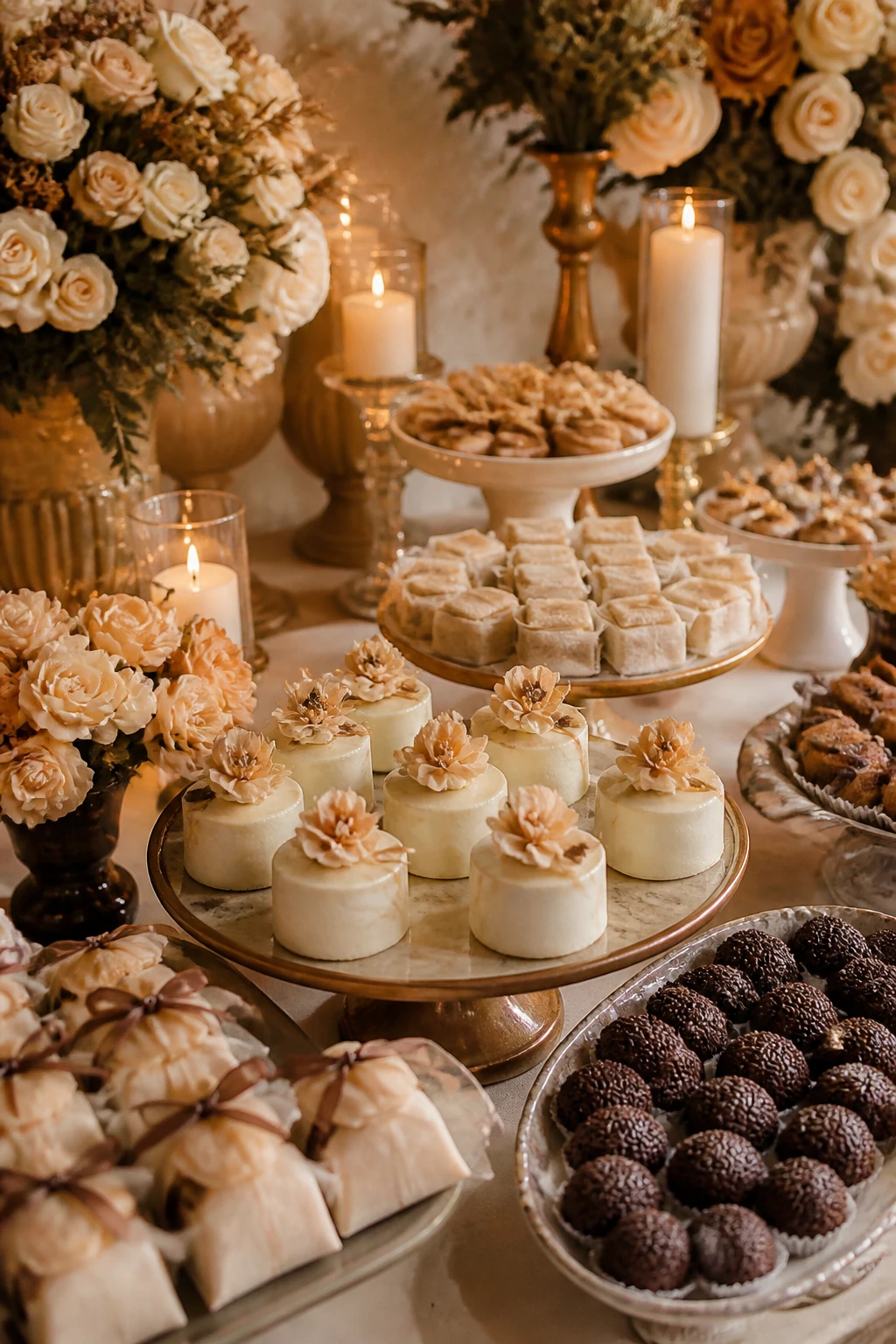 Mesa de doces finos montada para festa, com mini bolos, brigadeiros e bem-casados arrumados entre flores e velas, fotografada em luz quente e acolhedora