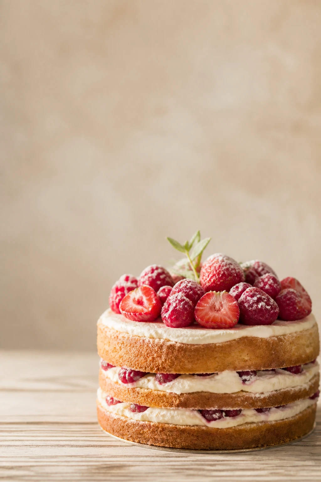 Macro luminoso de um naked cake de baunilha com frutas vermelhas no topo, recheio à mostra entre as camadas, sobre uma mesa de madeira clara banhada por luz natural difusa