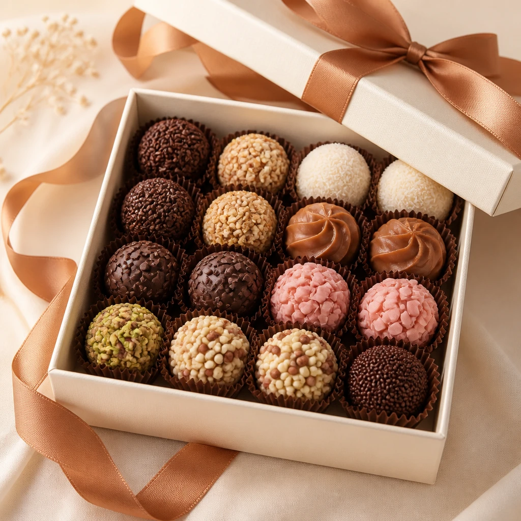Caixa de presente aberta com brigadeiros gourmet variados acomodados em forminhas de papel, amarrada com fita de cetim caramelo, sobre fundo creme com luz difusa