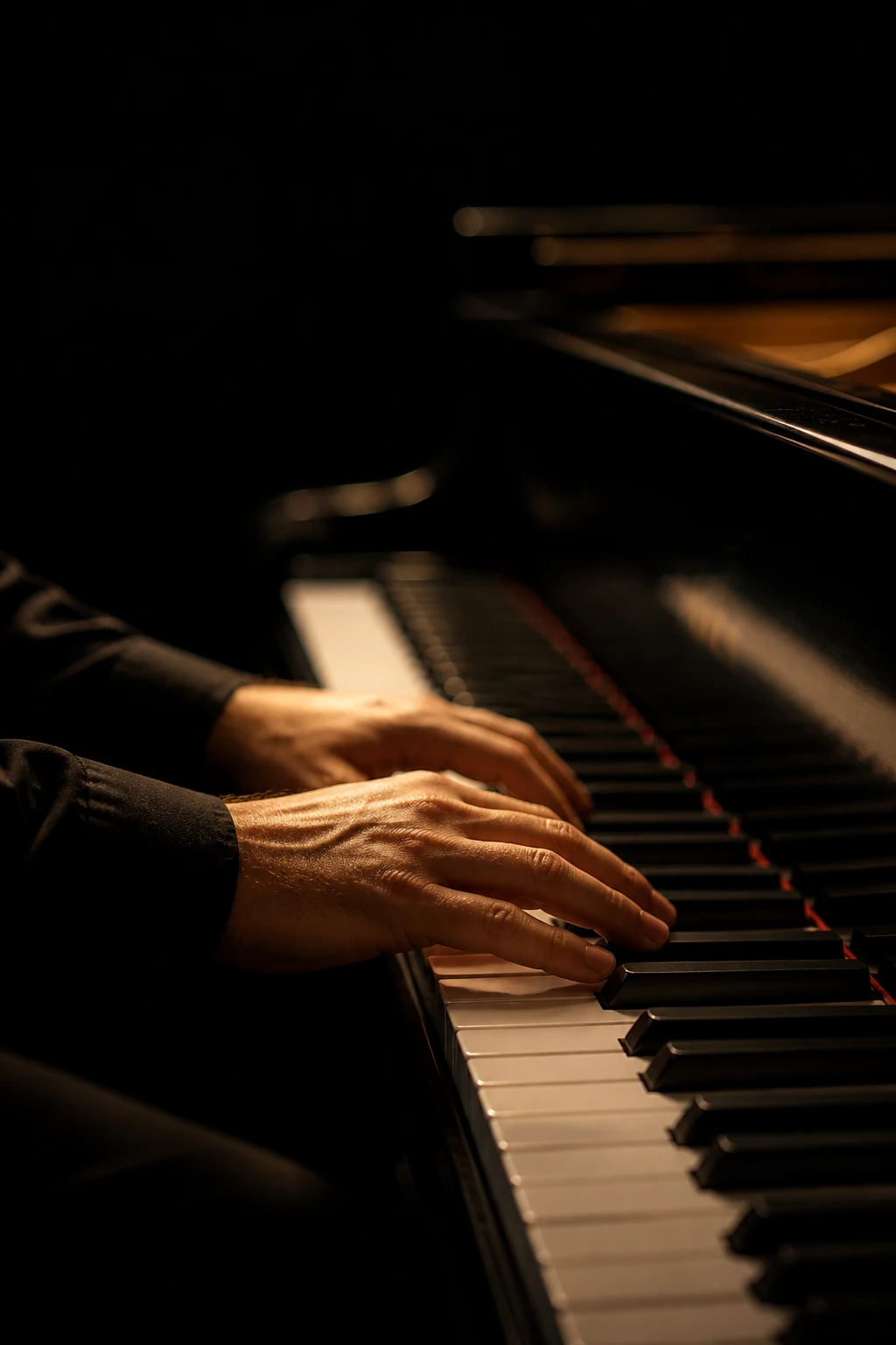 Mãos de uma pianista sobre as teclas de um piano de cauda, iluminadas por luz lateral quente em ambiente escuro