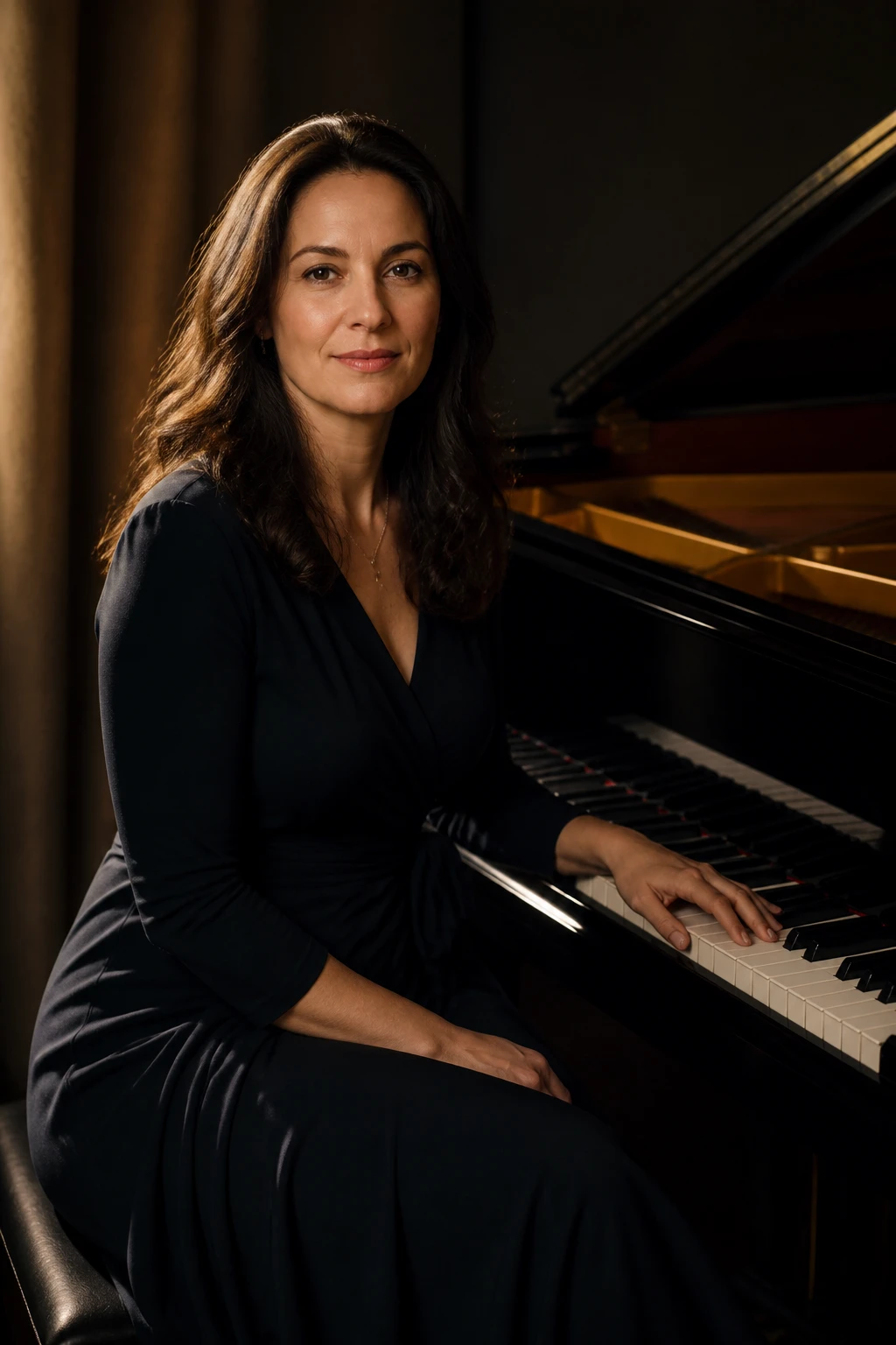 Retrato de uma pianista adulta ao lado de um piano, expressão serena, iluminação quente em ambiente escuro