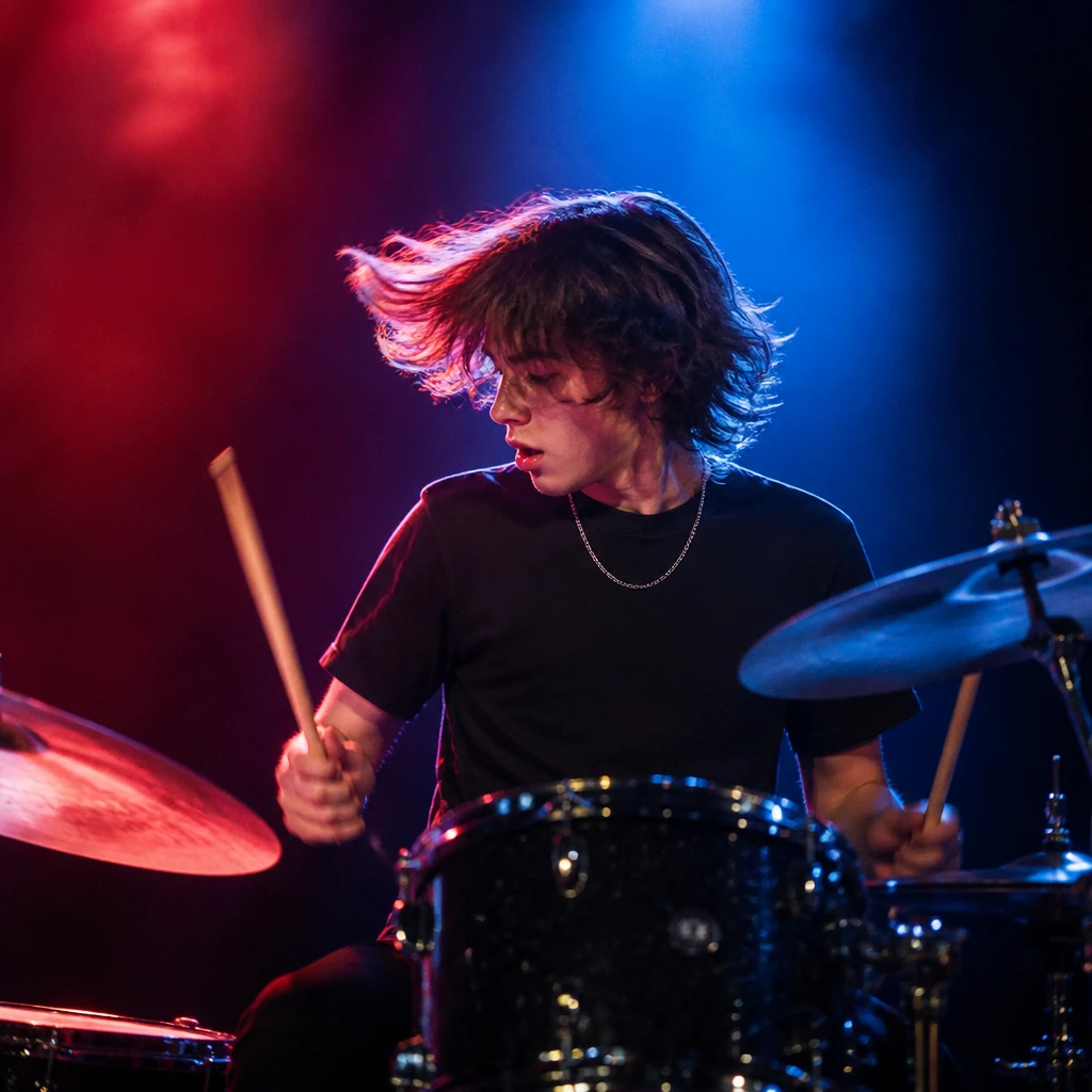Adolescente tocando bateria sob luzes de palco durante apresentação, energia e movimento