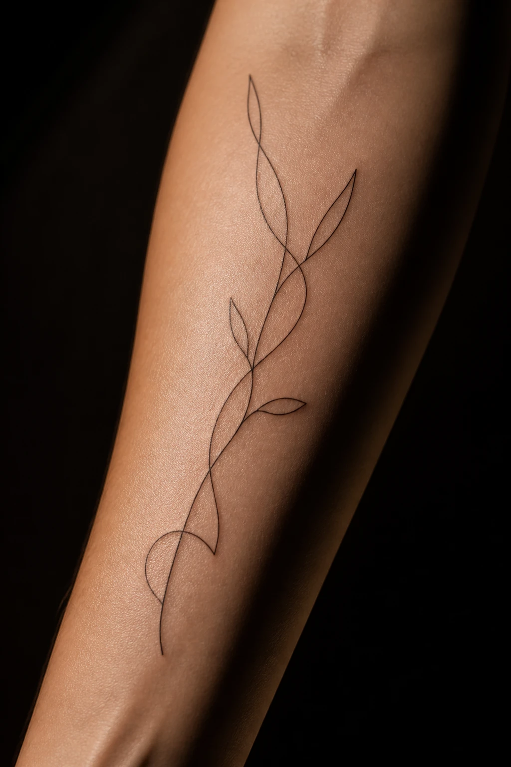 Close de um antebraço com tatuagem fine-line de traço único e contínuo, pele em tom quente sobre fundo escuro