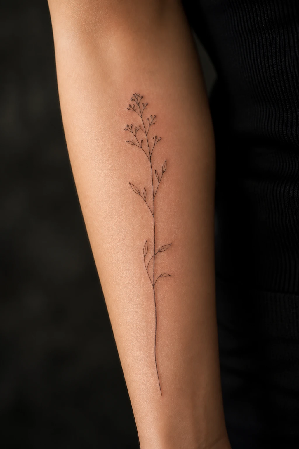Tatuagem fine-line botânica de ramo fino com folhas delicadas no antebraço, traço contínuo