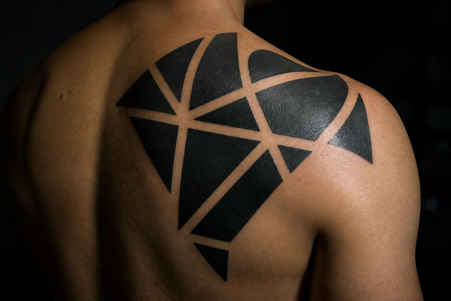 Tatuagem blackwork geométrica de grandes massas pretas nas costas, contraste alto com a pele