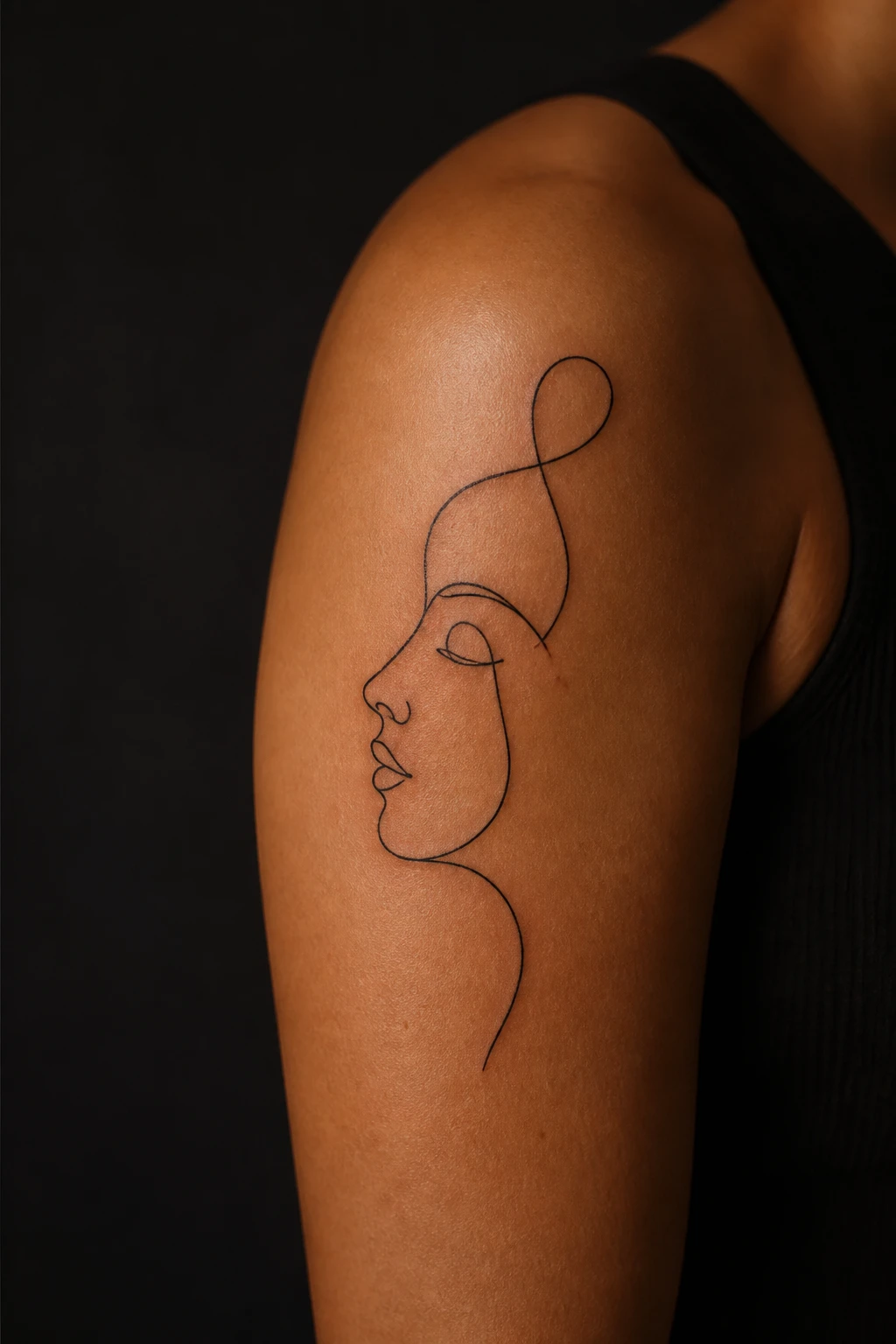 Tatuagem fine-line de rosto abstrato em linha única e contínua no braço, traço minimalista