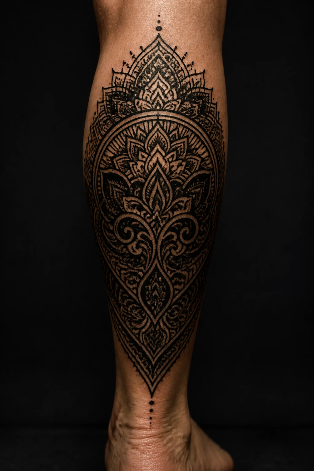 Tatuagem blackwork ornamental com padrões densos na panturrilha, preto sólido contra a pele