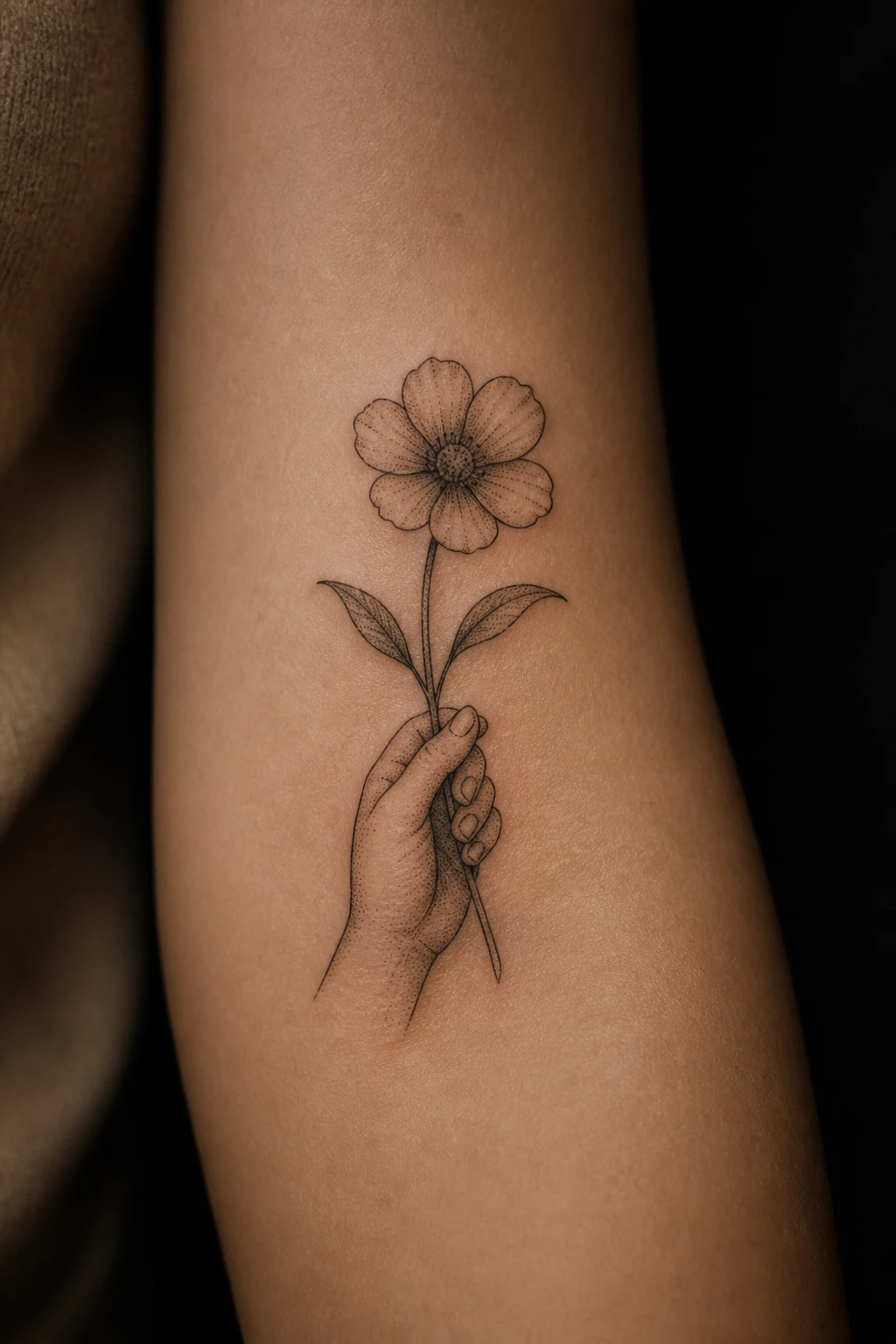Tatuagem fine-line de mão segurando flor em micro detalhe no antebraço, sombreado suave a pontilhismo