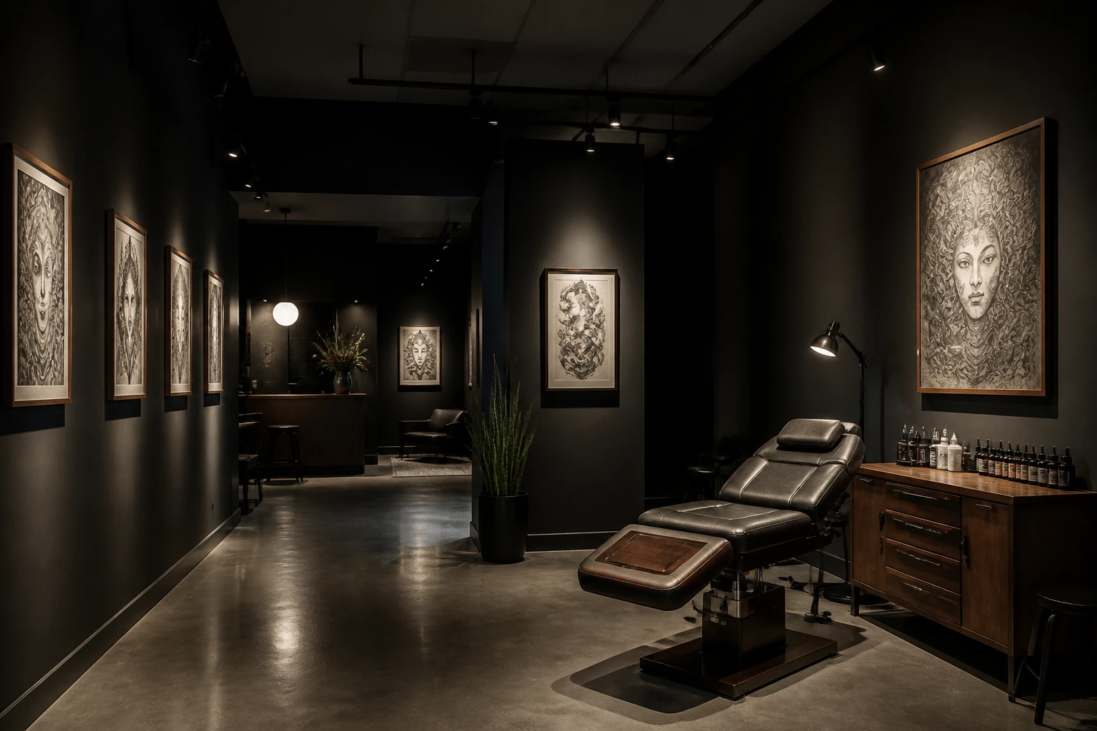 Interior do estúdio Inerva com paredes escuras, iluminação pontual de galeria e obras emolduradas, ambiente sereno