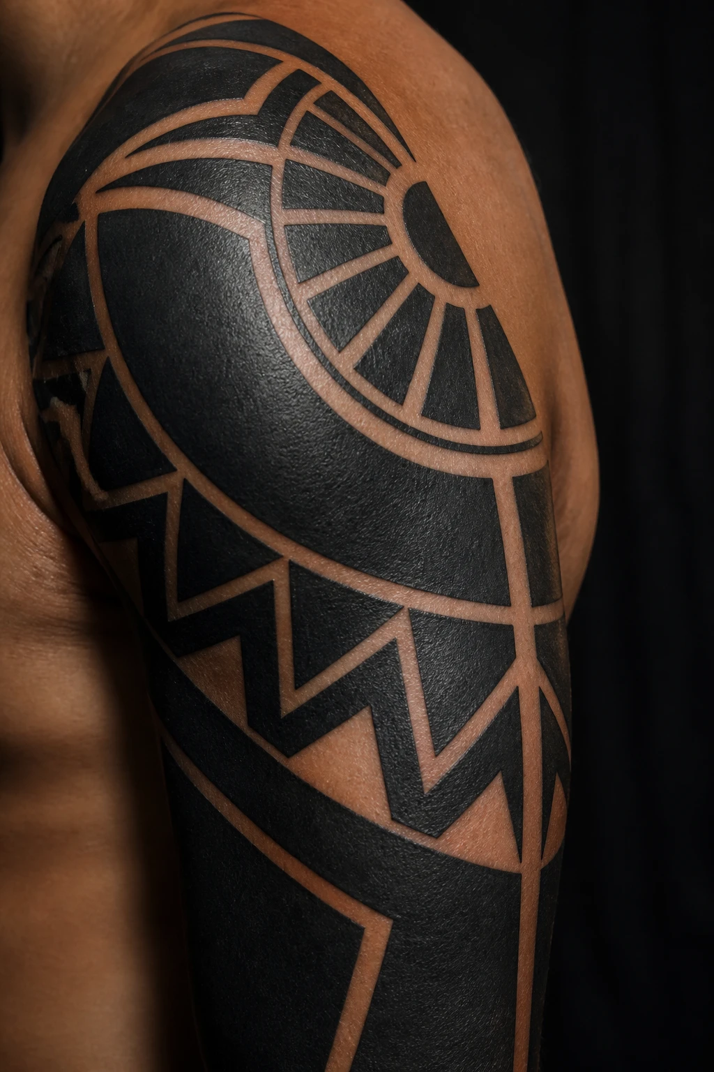 Detalhe de tatuagem blackwork com grandes áreas de preto sólido e geometria na pele, exemplo do estilo