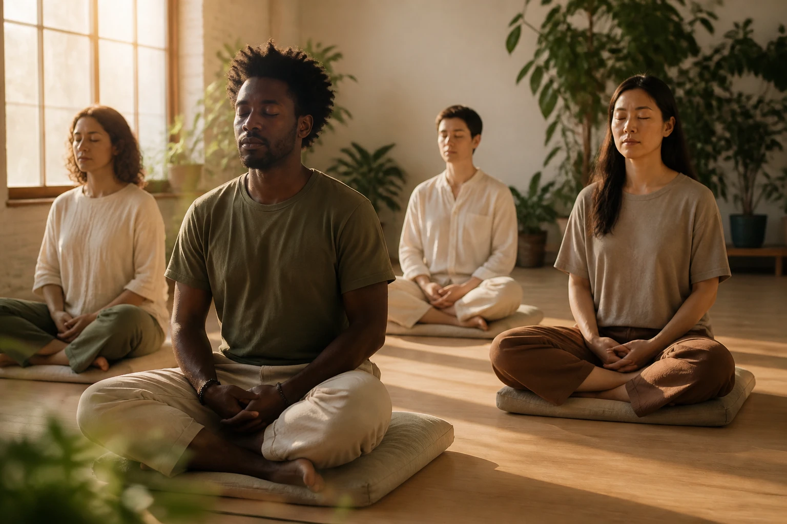 Pequeno grupo sentado em meditação sobre almofadas no chão, olhos fechados, banhado por luz suave de fim de tarde