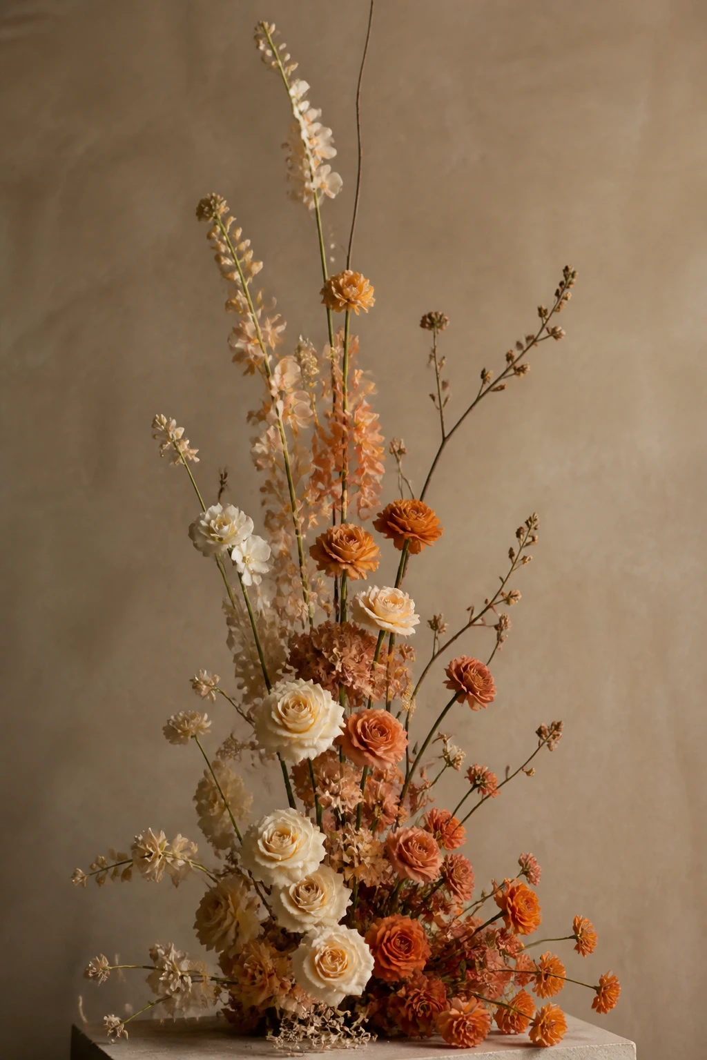 Arranjo escultural vertical com hastes longas e flores em degradê do creme ao terracota