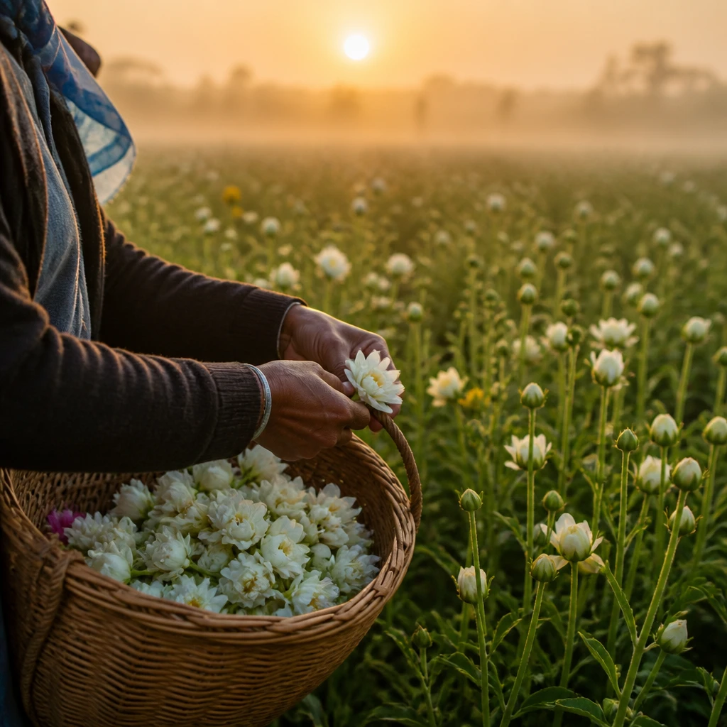 Mãos colhendo flores em campo ao amanhecer, com cesto de vime e luz dourada
