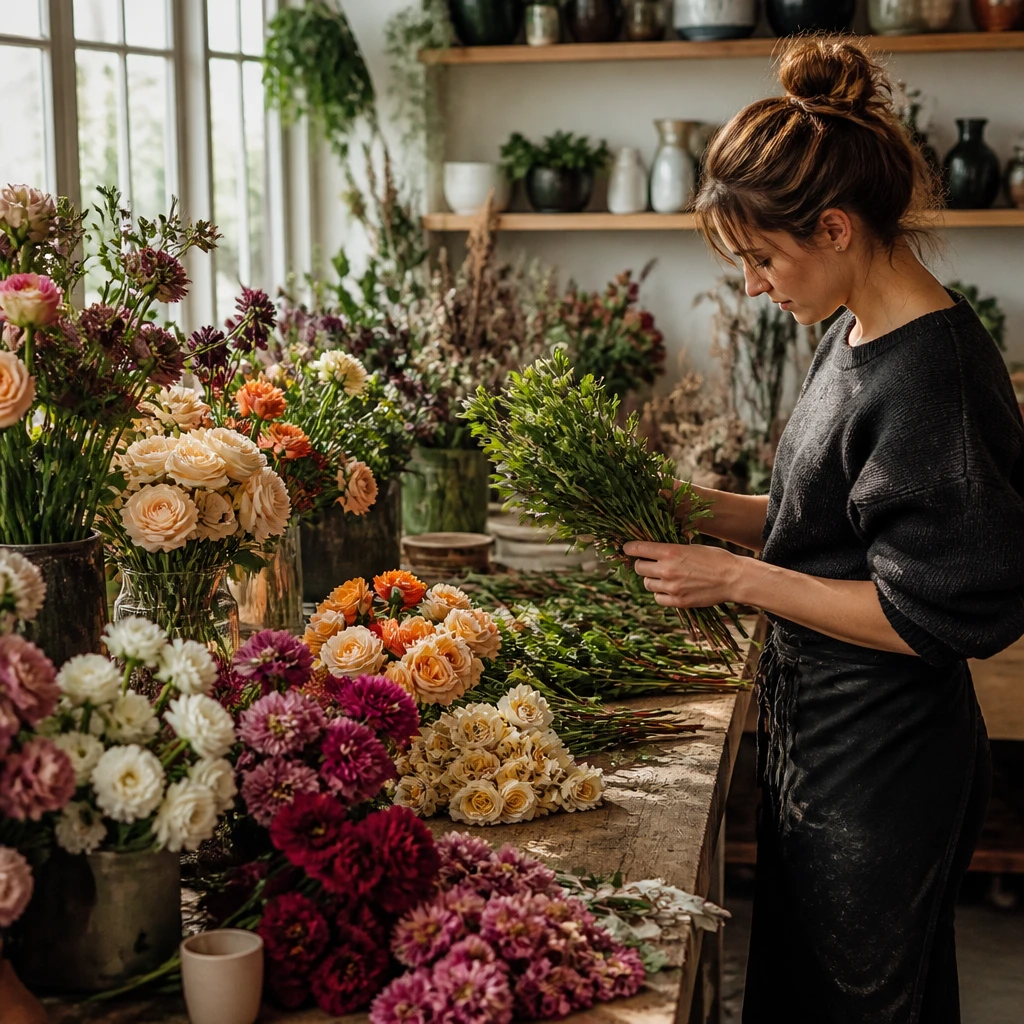 Mesa de trabalho com flores separadas por cor e tonalidade, em processo de seleção