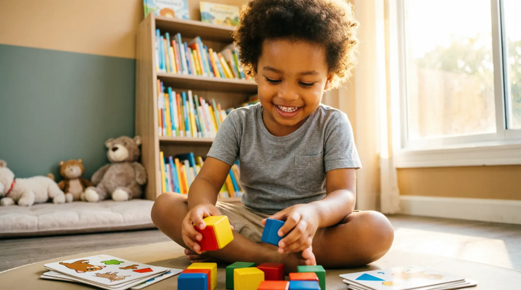 Criança brincando durante sessão de fonoaudiologia em ambiente acolhedor