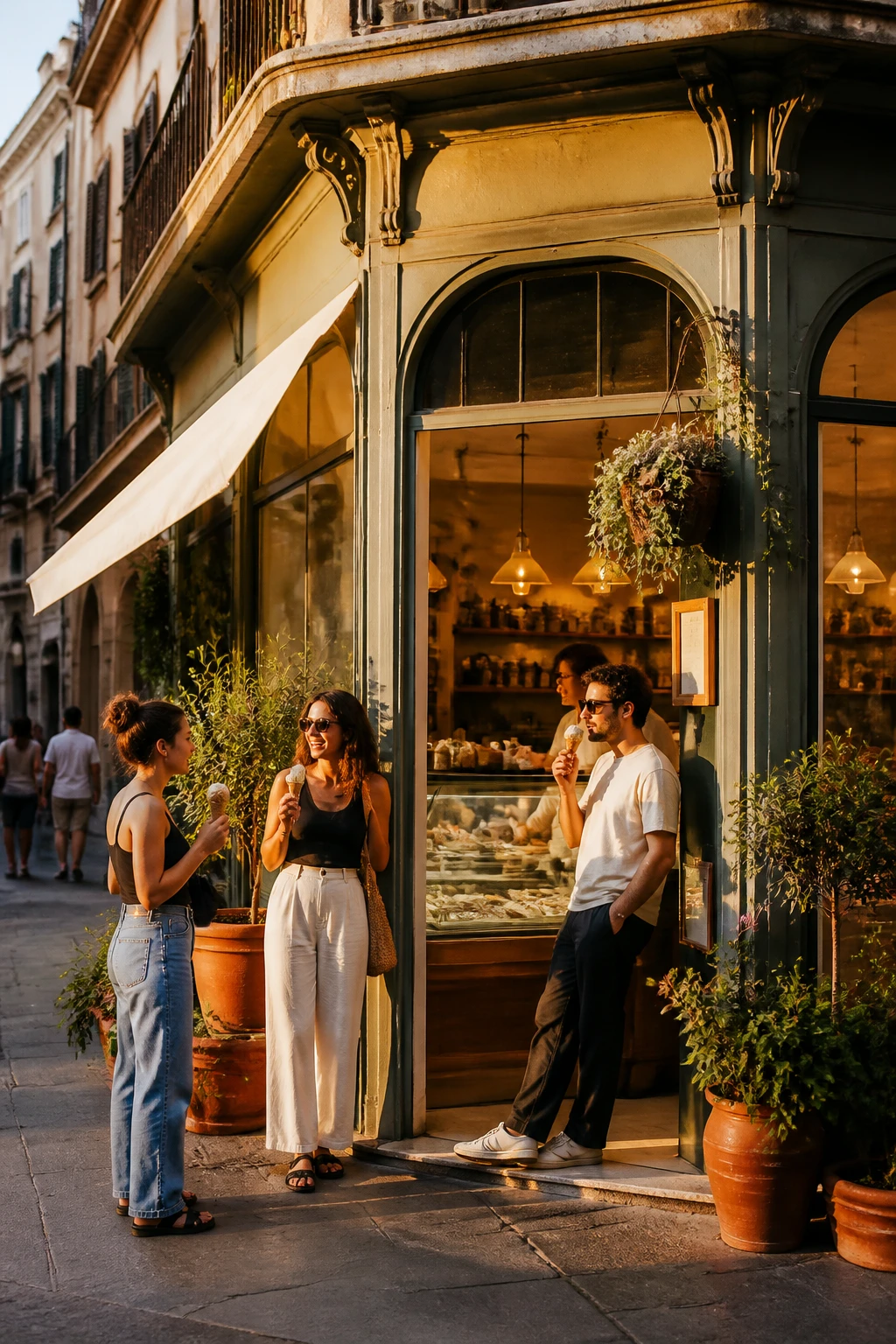 Fachada de gelateria artesanal numa esquina charmosa do centro, com toldo, plantas na calçada e pessoas tomando gelato em pé ao fim da tarde