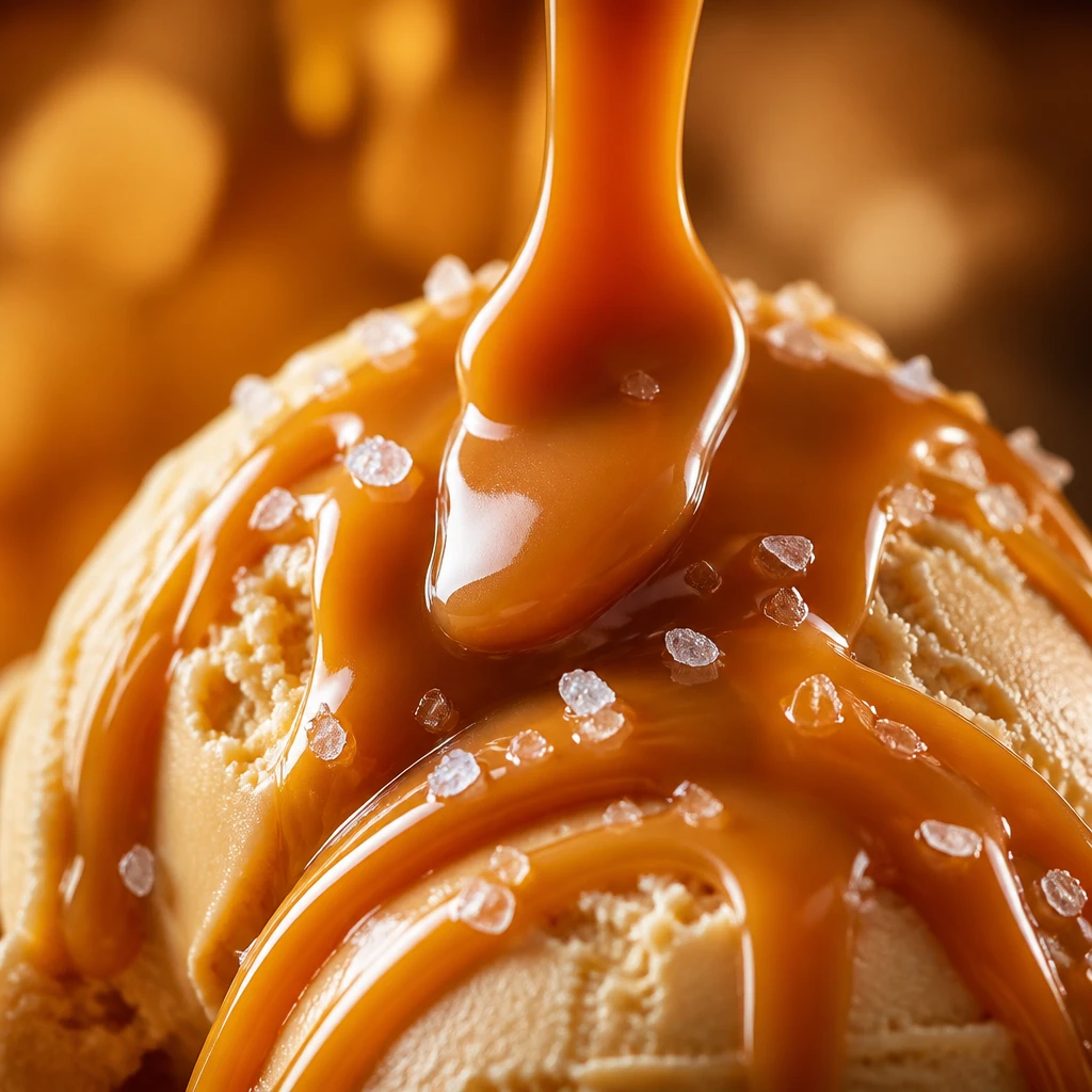 Macro de calda de caramelo dourado escorrendo espessa em fio brilhante, com cristais de flor de sal visíveis na superfície