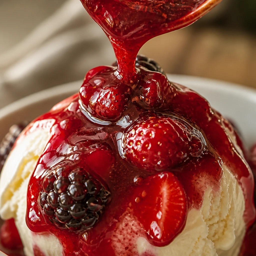 Macro de calda de frutas vermelhas rubi com pedaços de fruta inteira escorrendo sobre gelato, brilho de geleia caseira