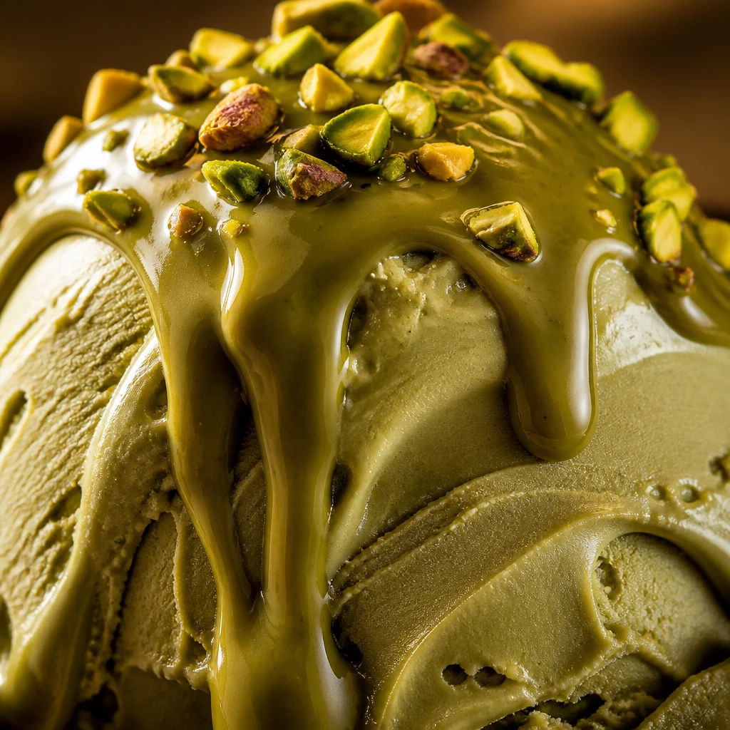 Macro de creme de pistache verde fosco escorrendo grosso sobre gelato, com pistaches torrados picados por cima