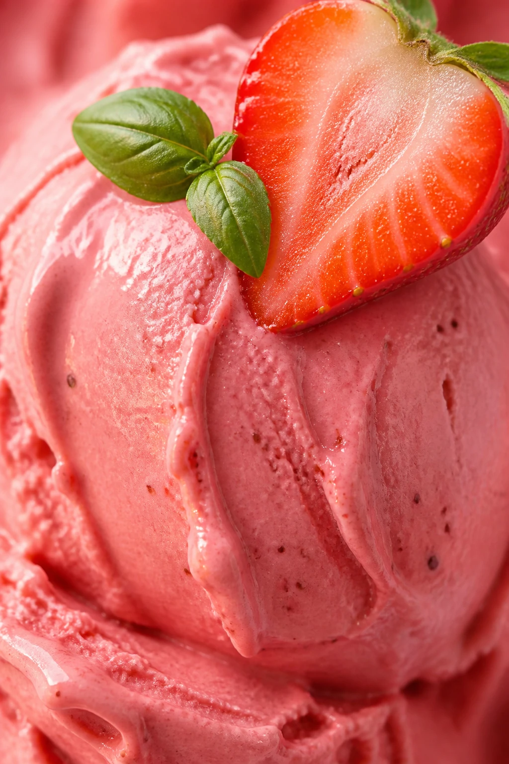 Macro de gelato de morango rosa intenso recém-servido, com swirl cremoso brilhante e meio morango fresco no topo, luz quente lateral