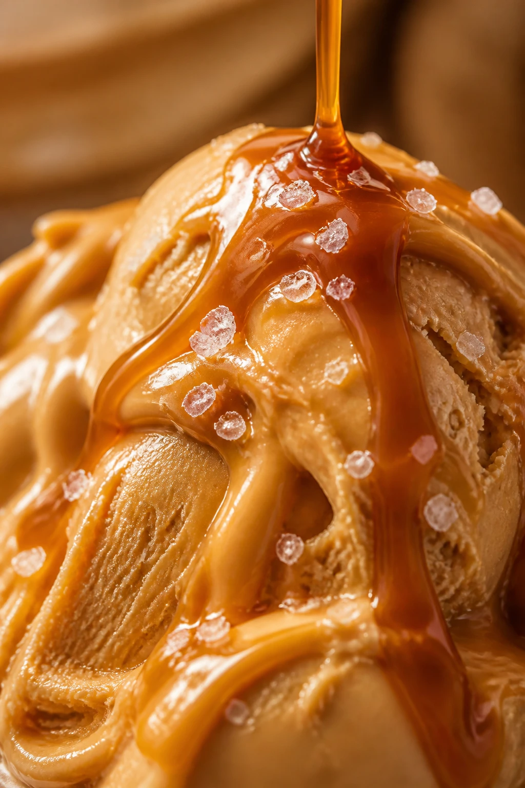 Macro de gelato de caramelo salgado dourado com fio de calda escorrendo por cima e flor de sal visível, brilho quente