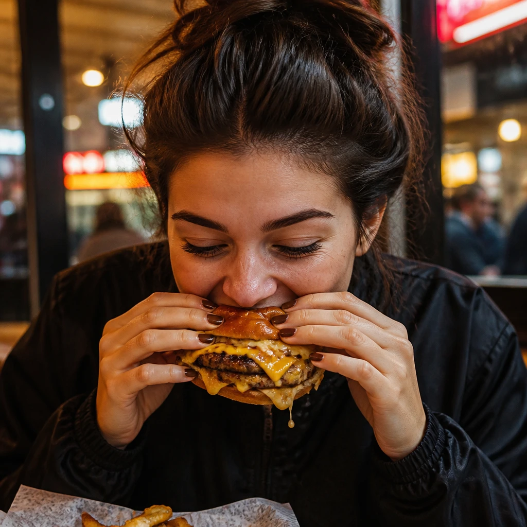 Cliente sorrindo mordendo um smash burger suculento na mesa da hamburgueria