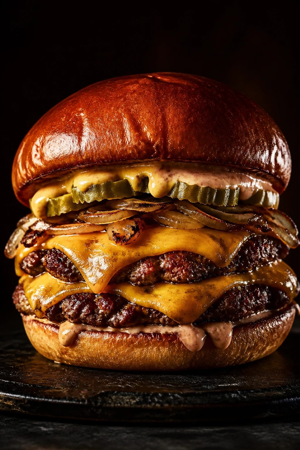 Smash burger clássico com dois discos de carne, cheddar derretido e brioche tostado