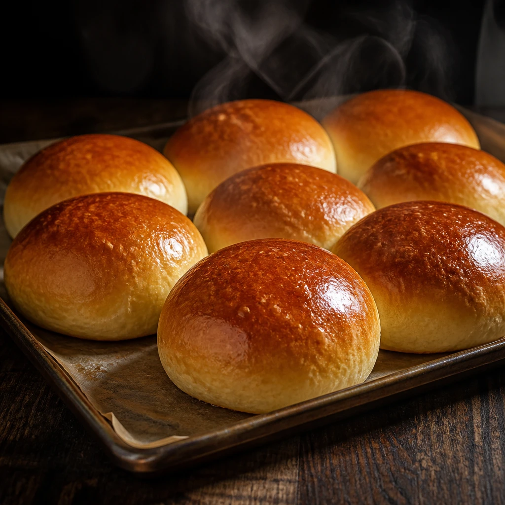 Pães de brioche caseiros dourados saindo do forno, com brilho de manteiga