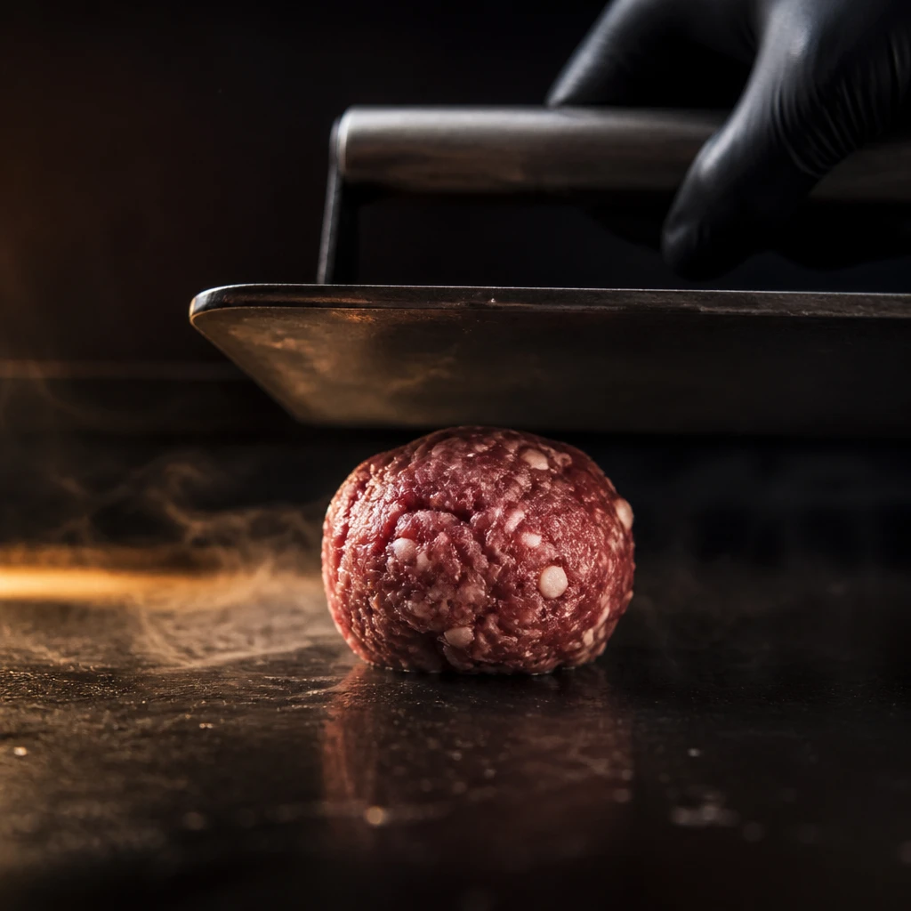 Bola de blend de carne crua sendo posicionada sobre a chapa de ferro quente