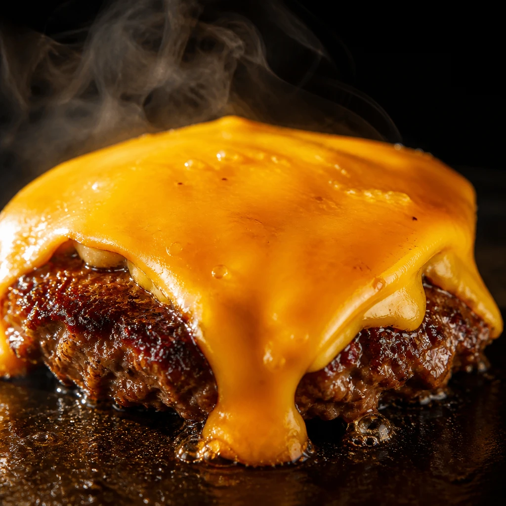 Fatia de queijo cheddar derretendo sobre o disco de carne dourado na chapa