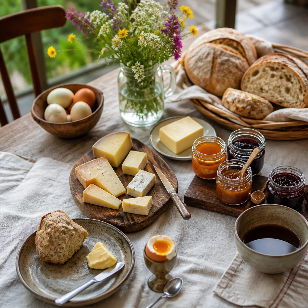 Mesa de café da manhã da roça com pães rústicos, geleias em potes de vidro, queijos e flores do campo