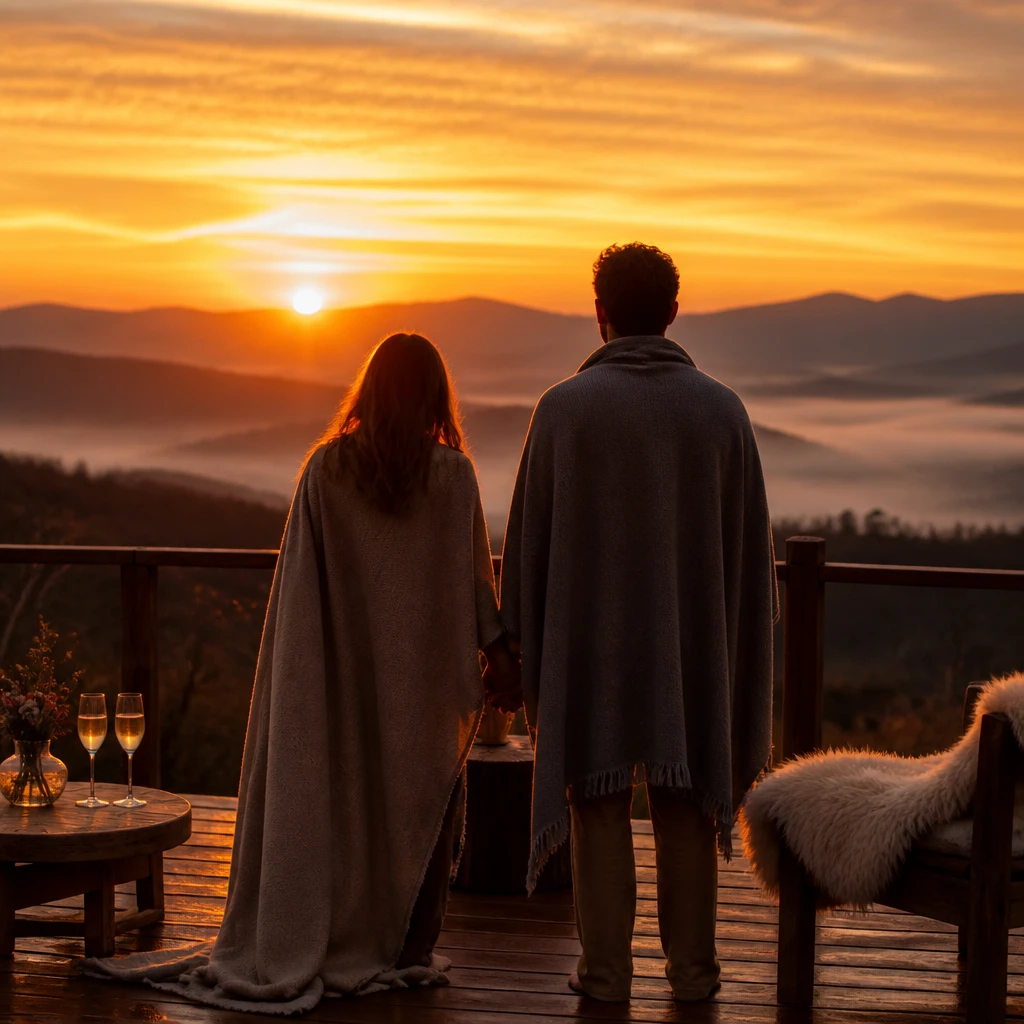 Casal de mãos dadas vendo o pôr do sol sobre o vale enevoado a partir de uma plataforma de madeira