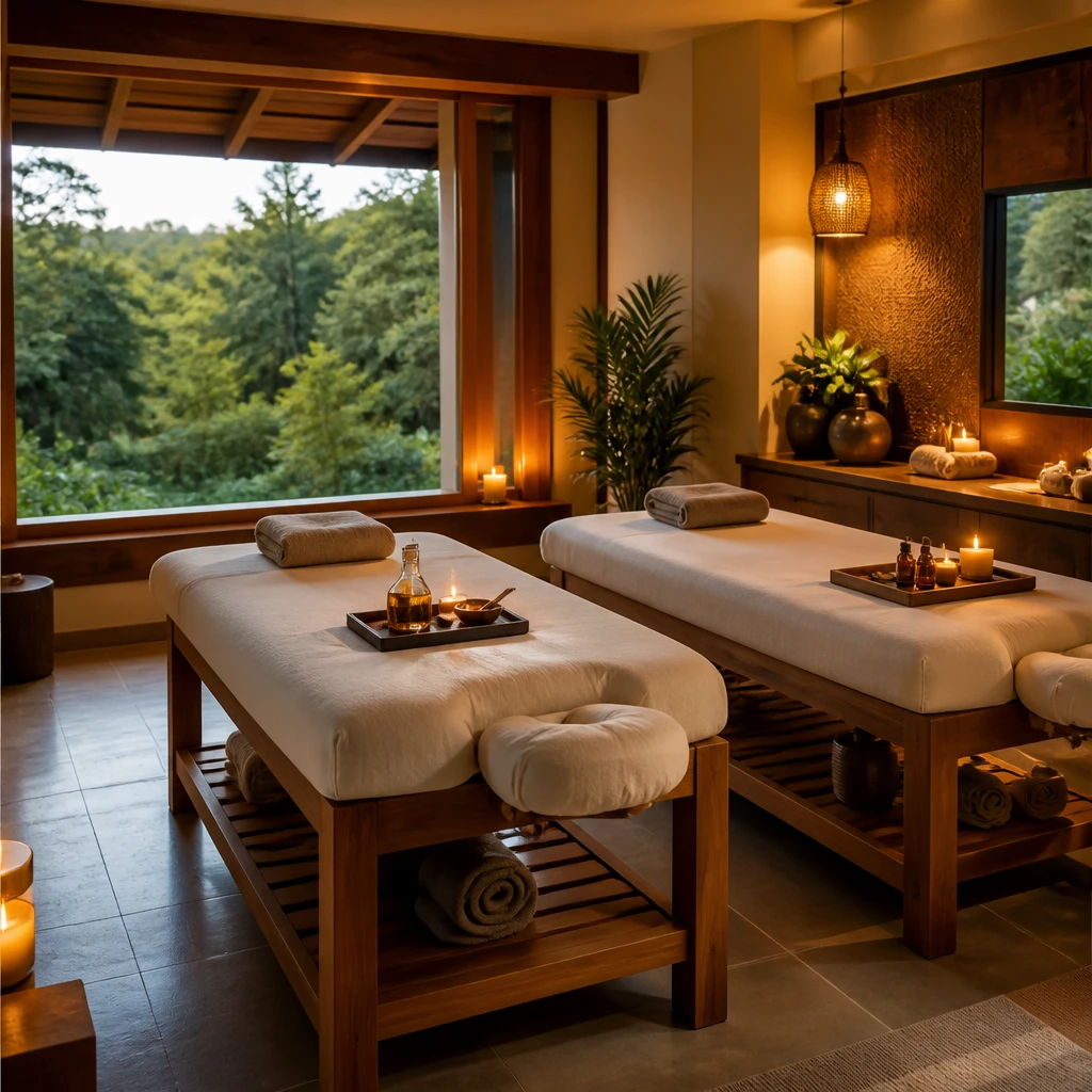 Sala de spa a dois com duas macas de madeira, velas, óleos essenciais e janela para a mata